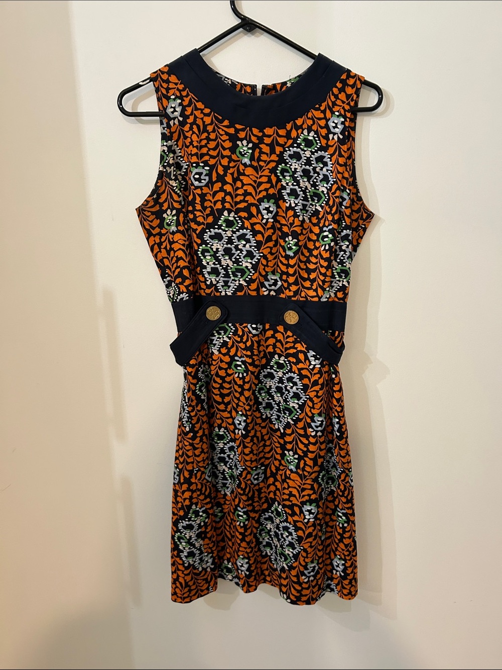 Tory Burch Orange Floral-Print Mini Dress with Navy Trim